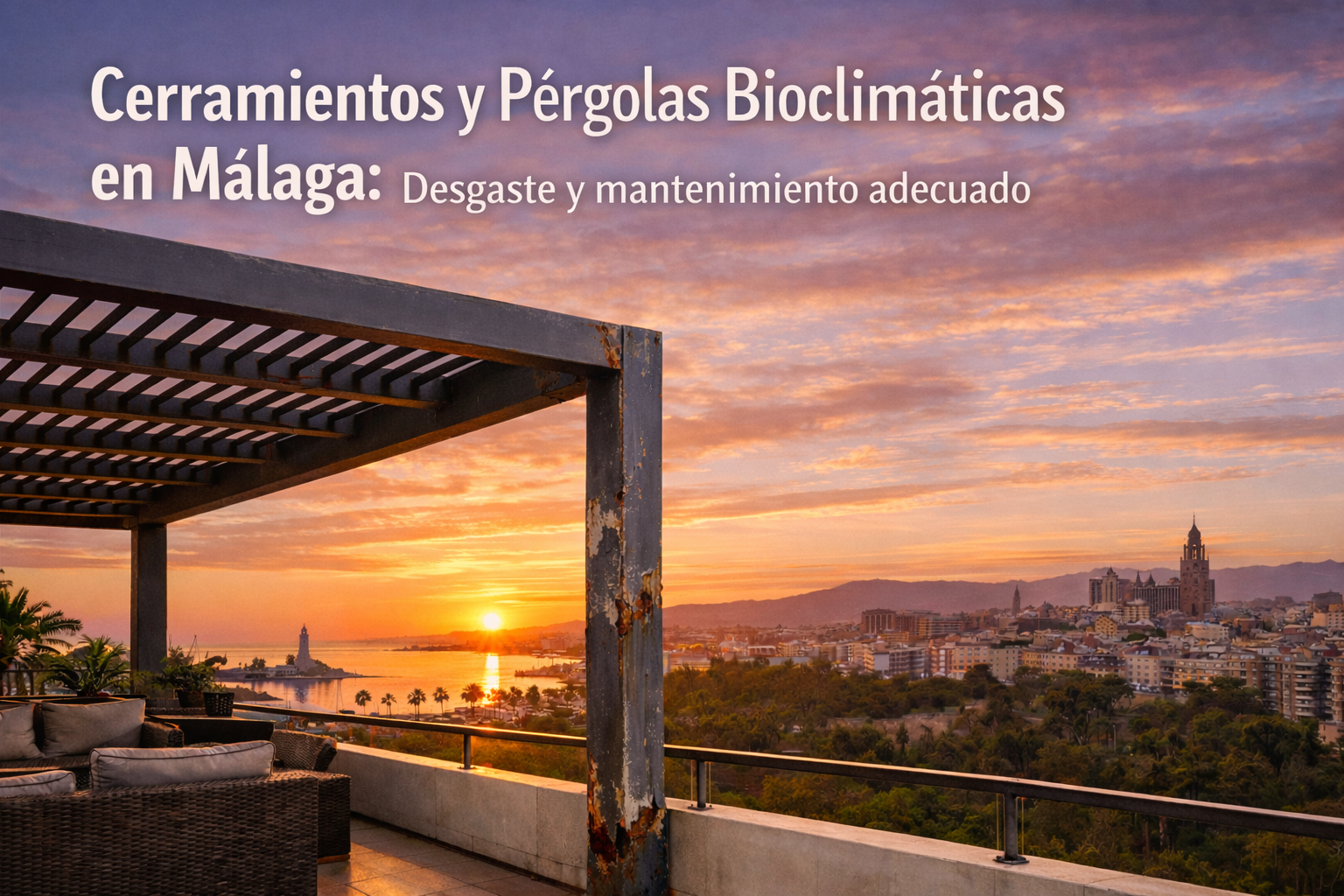 Pérgola bioclimática gris en una terraza de Málaga al amanecer, con óxido visible en uno de sus pilares.