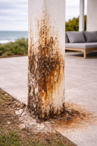 Primer plano de un pilar de pérgola con óxido, pintura deteriorada y señales de desgaste.