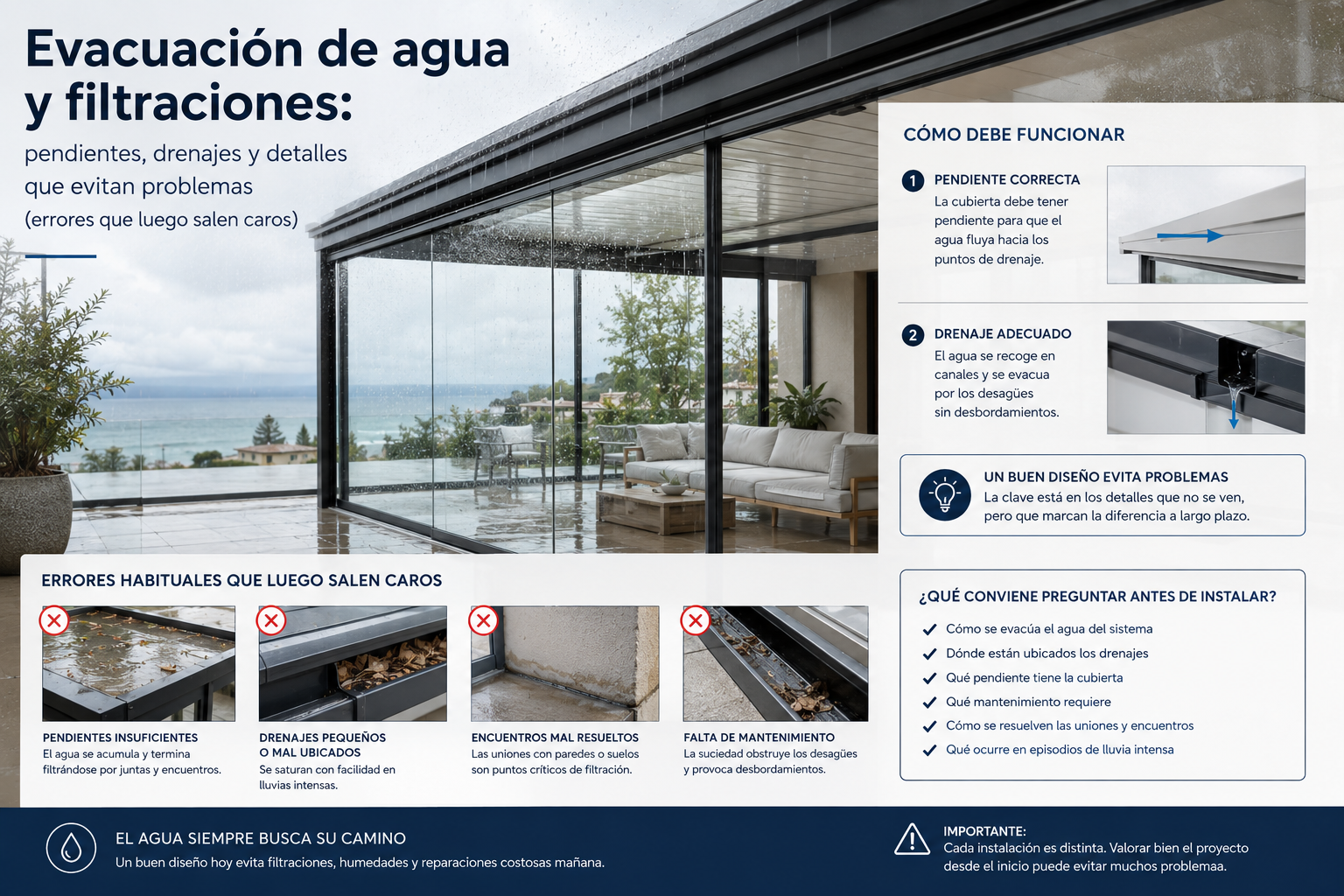 evacuación de agua y prevención de filtraciones en cerramientos y pérgolas