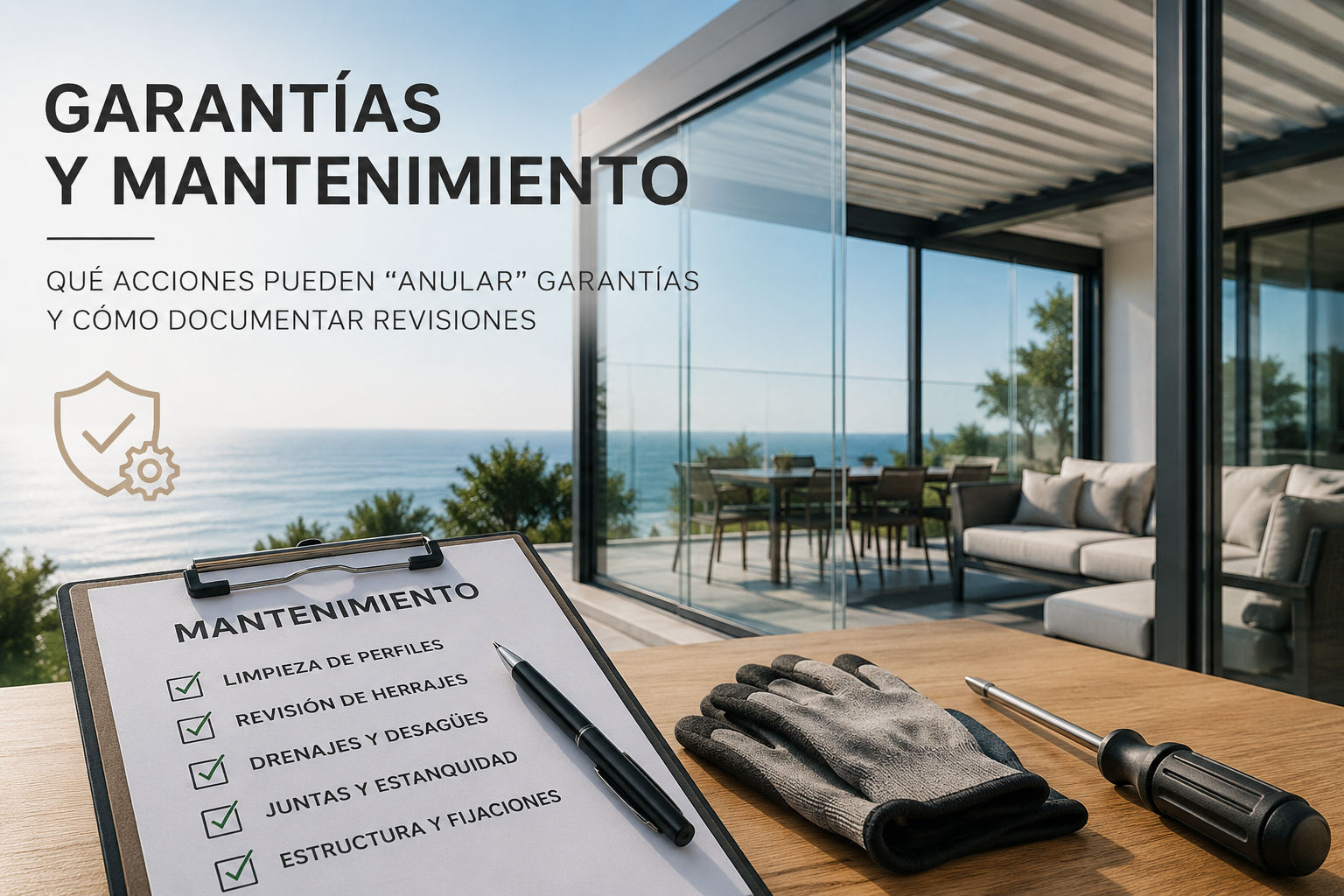 Garantías y mantenimiento de cerramientos acristalados junto al mar con checklist de revisión y herramientas de inspección.