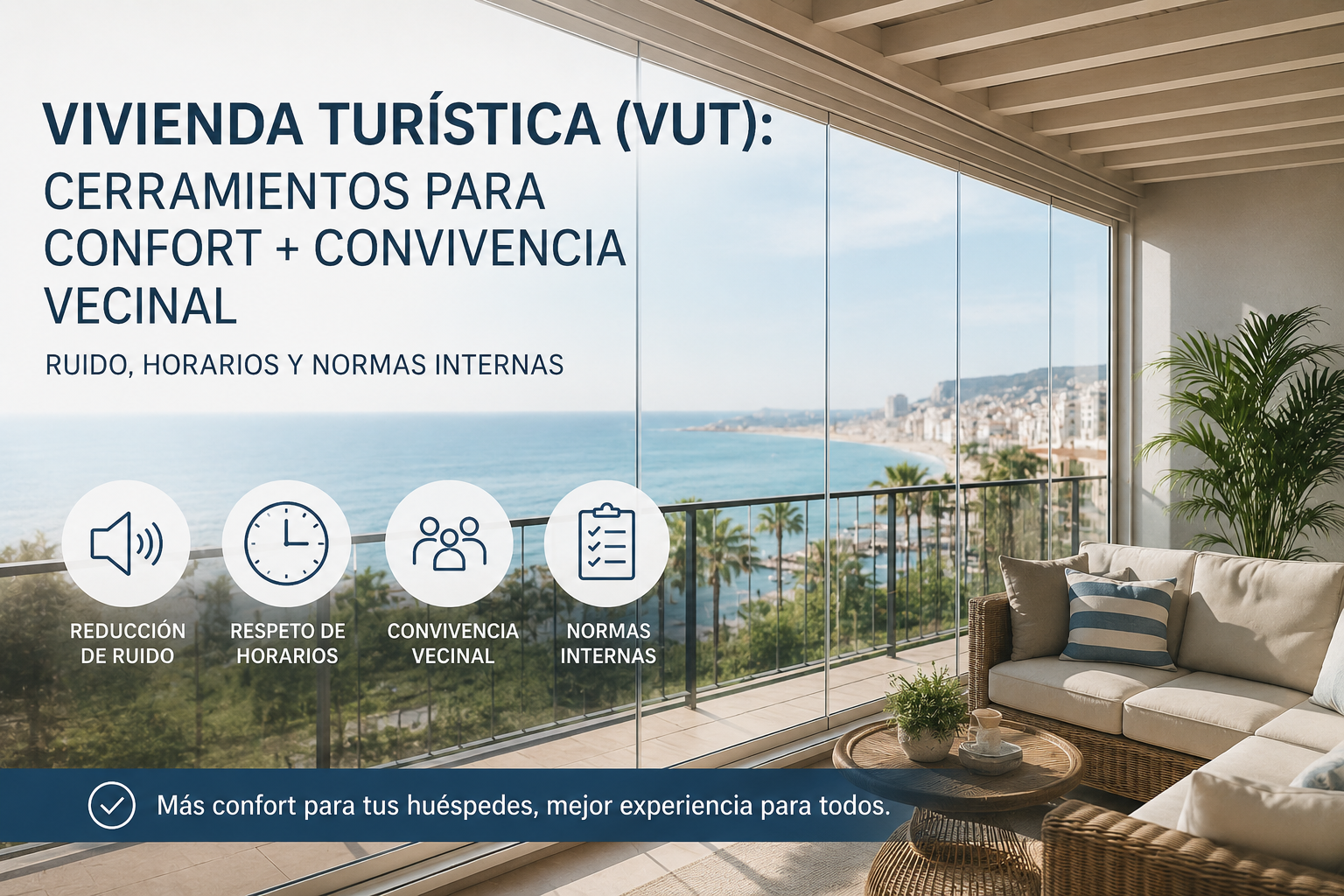 Vivienda turística con cerramiento acristalado y vistas al mar, orientada al confort de los huéspedes y la convivencia vecinal.