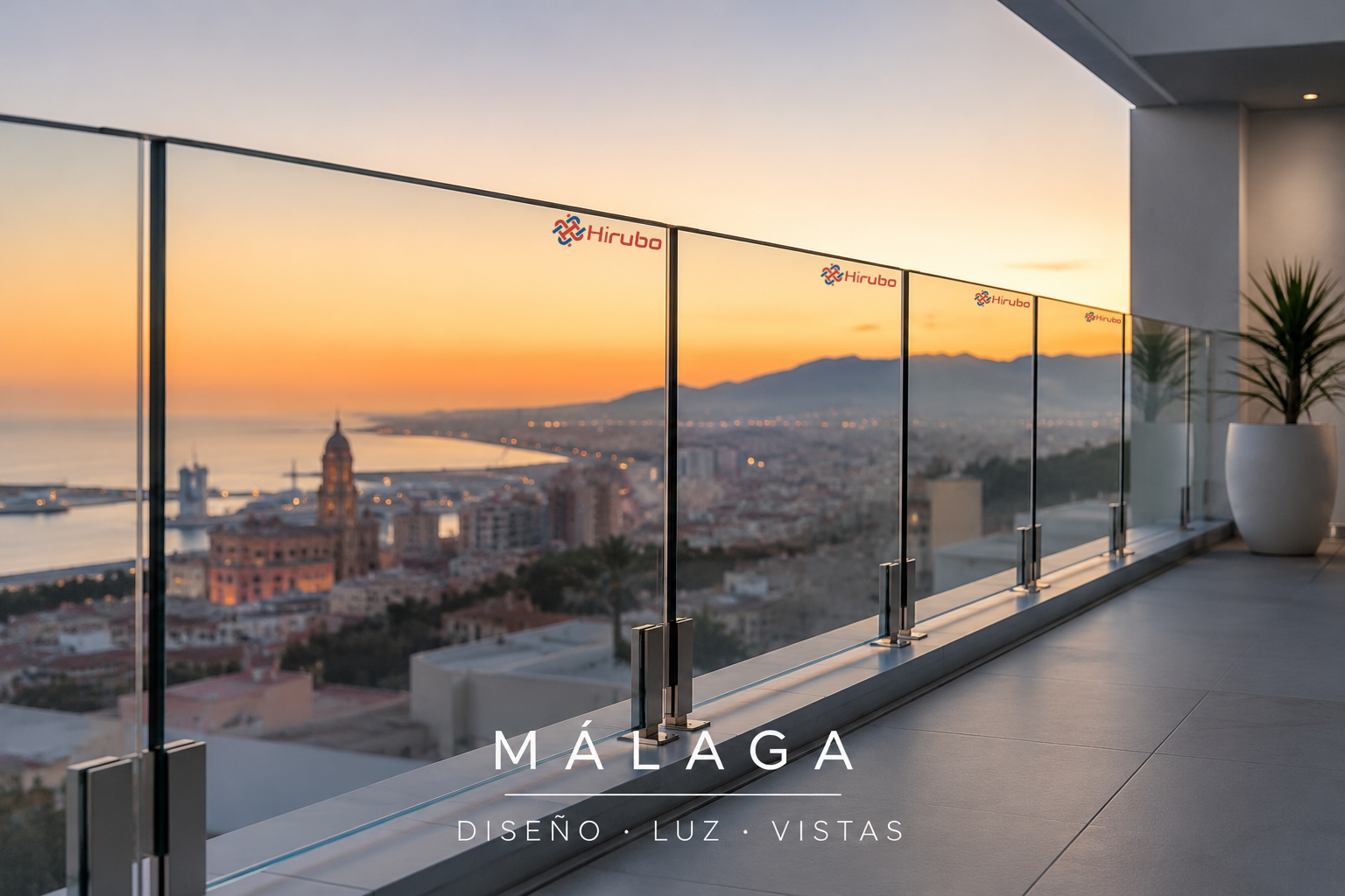 Paisaje de Málaga donde se observa la ciudad, la Catedral y un atardecer a través de barandillas de cristal Hirubo